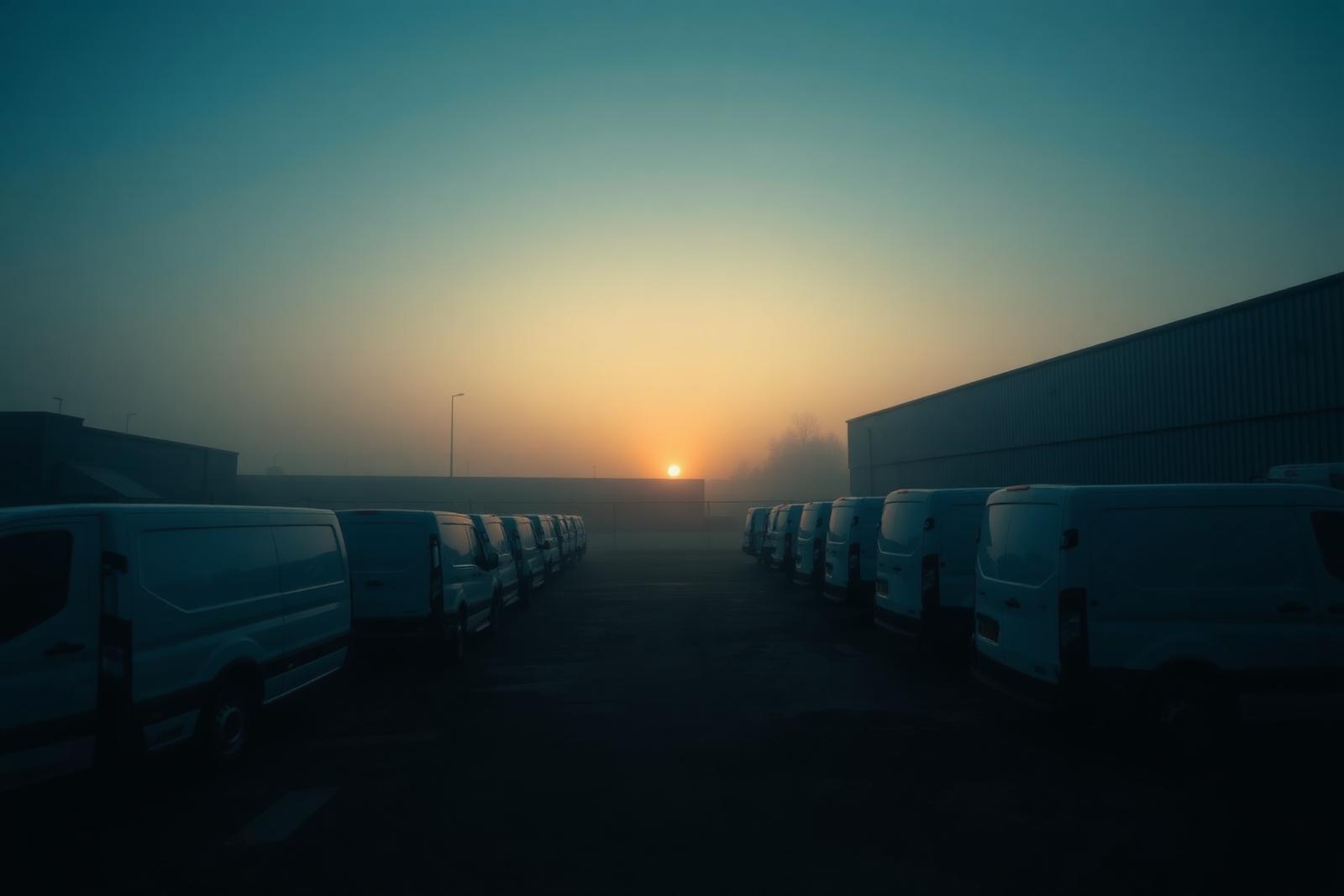 Row of unbranded light commercial vans parked in a yard at dawn