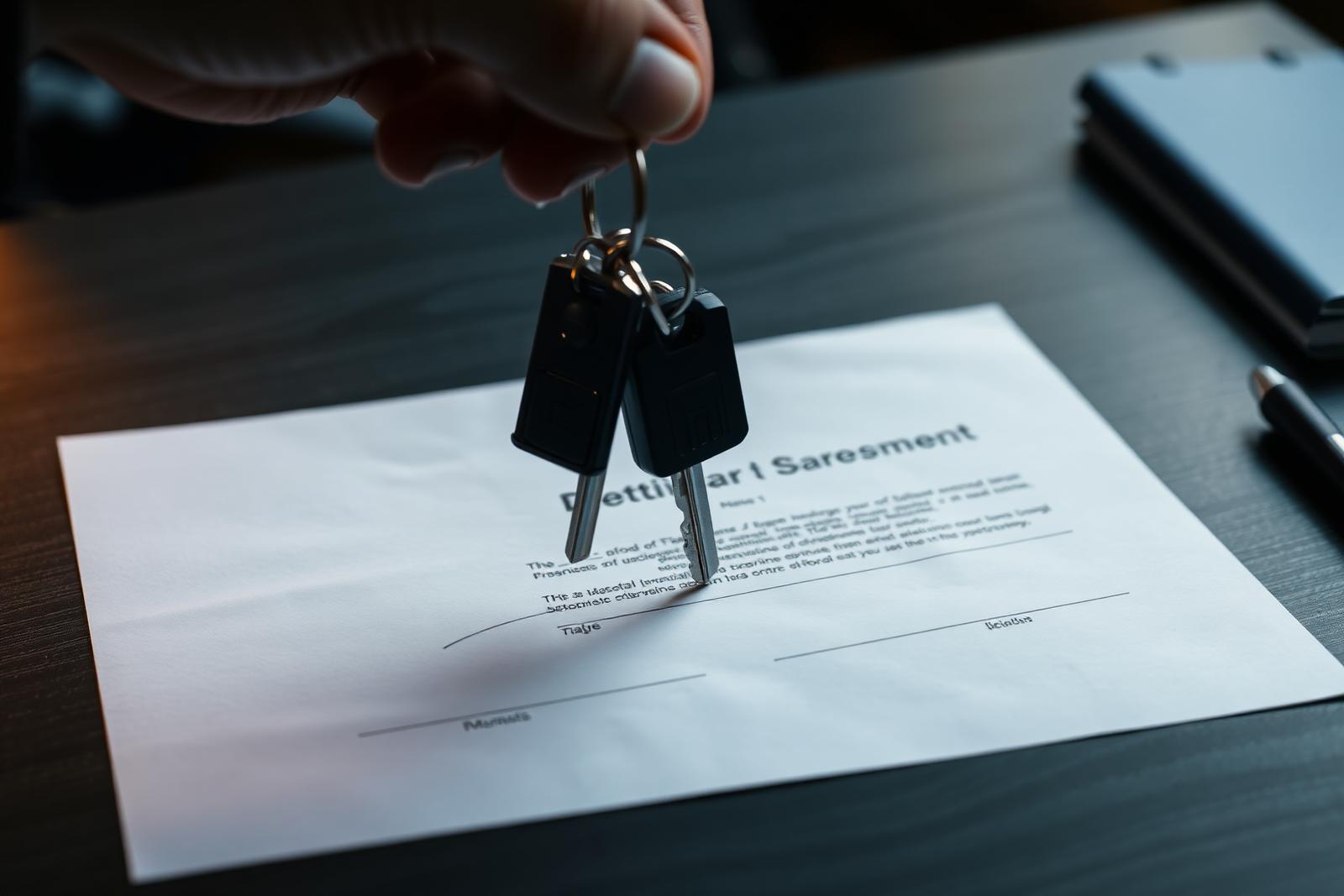Car keys handed over above a signed sales agreement on a dark desk