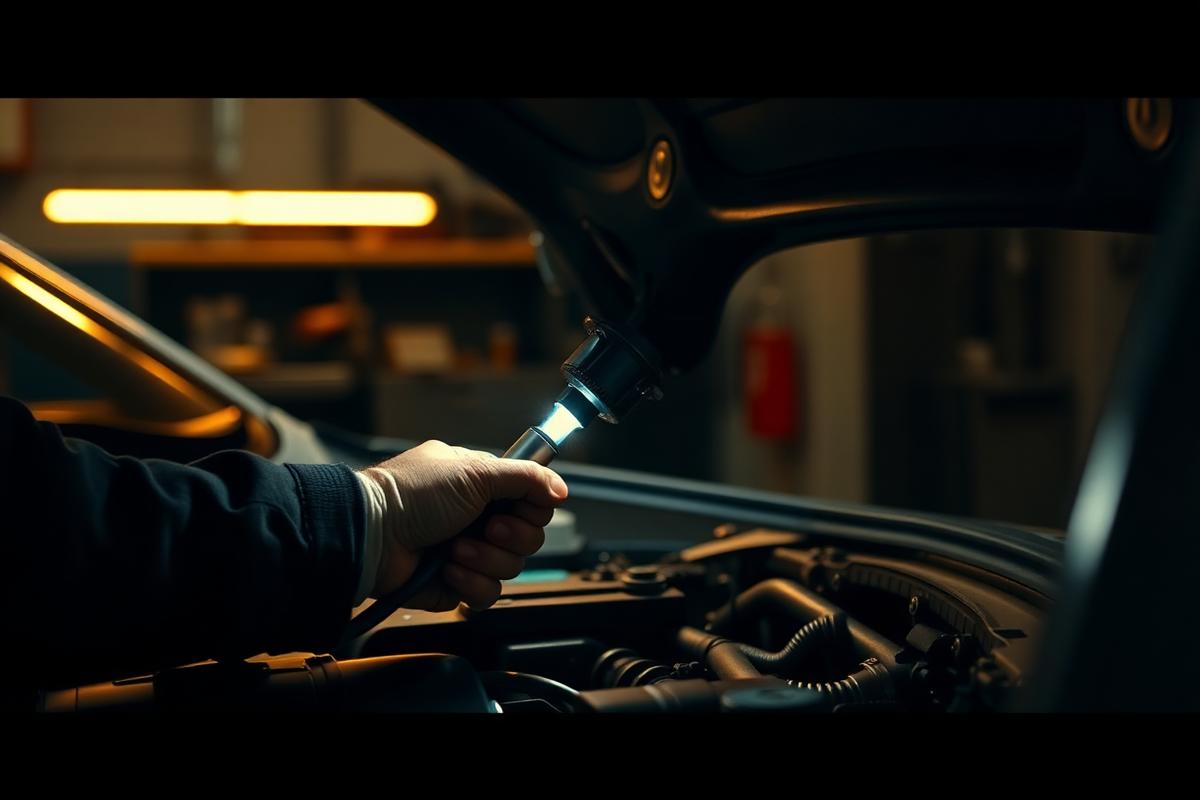 Mechanic inspecting an engine bay with a torch