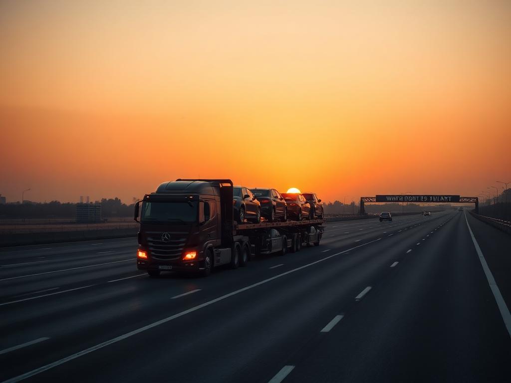 Car transporter truck loaded with vehicles on a motorway at dawn