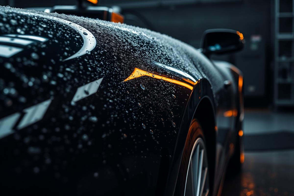 Freshly detailed car bodywork in a preparation bay