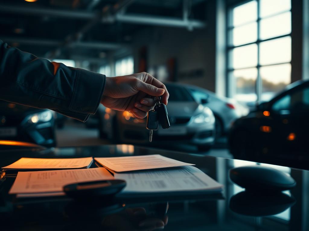 Car keys and sale documents handed across a dealership desk