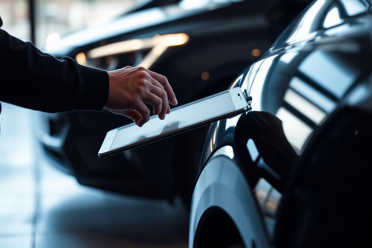 Appraiser recording vehicle details on a tablet beside a car