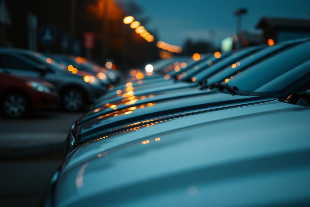 Row of prepared used cars parked on a forecourt at dusk