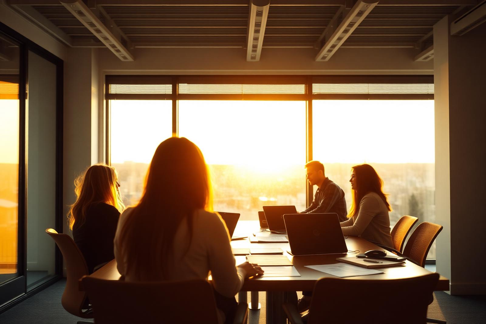Members of the team reviewing documents and screens together in a bright meeting room