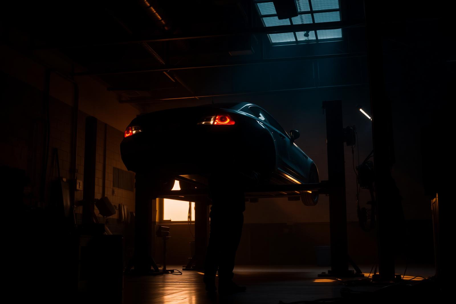 Vehicle raised on a workshop lift during a mechanical inspection
